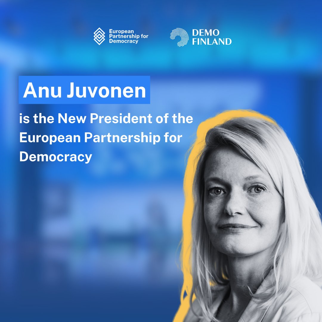 #EPDNetwork💬

🎊The European Partnership for Democracy has elected its new President: <a href="/AnuJuvonen/">Anu Juvonen</a>, Executive Director at <a href="/DemoFinland/">Demo Finland</a>. 🧵