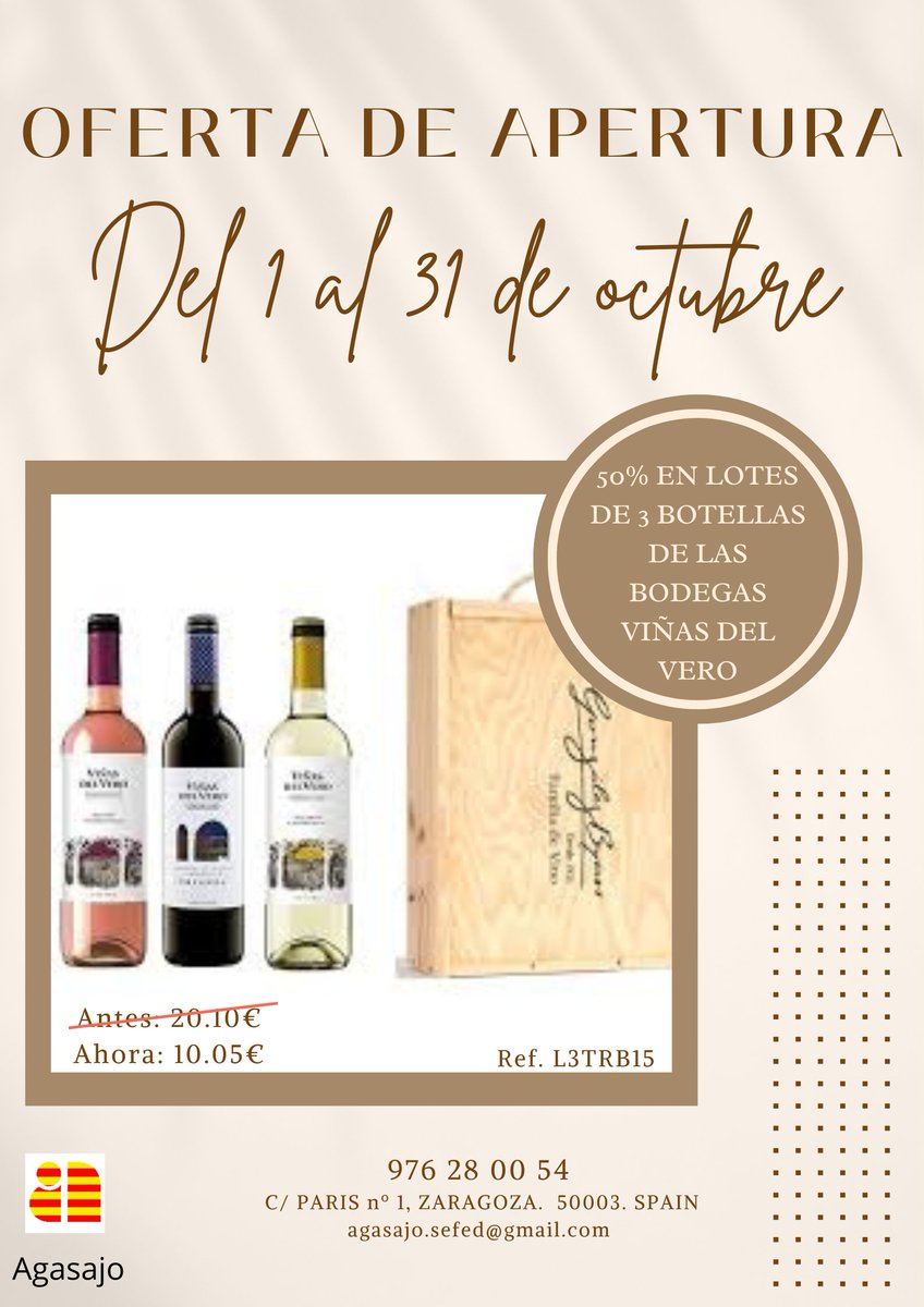Celebra la llegada del otoño con nosotros disfrutando de nuestro mejor lote de vinos durante todo el mes de octubre a ¡MITAD DE PRECIO! 
¡No te quedes sin ellos!
agasajosas.blogspot.com