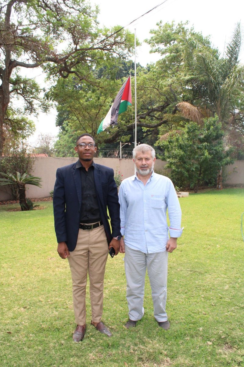 PalestineInZim's tweet photo. Charged de affairs Counselor Salim Siam  received Mr Tanaka  Effort Chipere from the Pan African Youth Forum Chairman who came to deliver a message of solidarity with the Palestinian people against the Israeli genocide in Gaza  and WestBank.
#IsraelTerroristState 
#GenocideinGaza https://t.co/OGBsDI076d