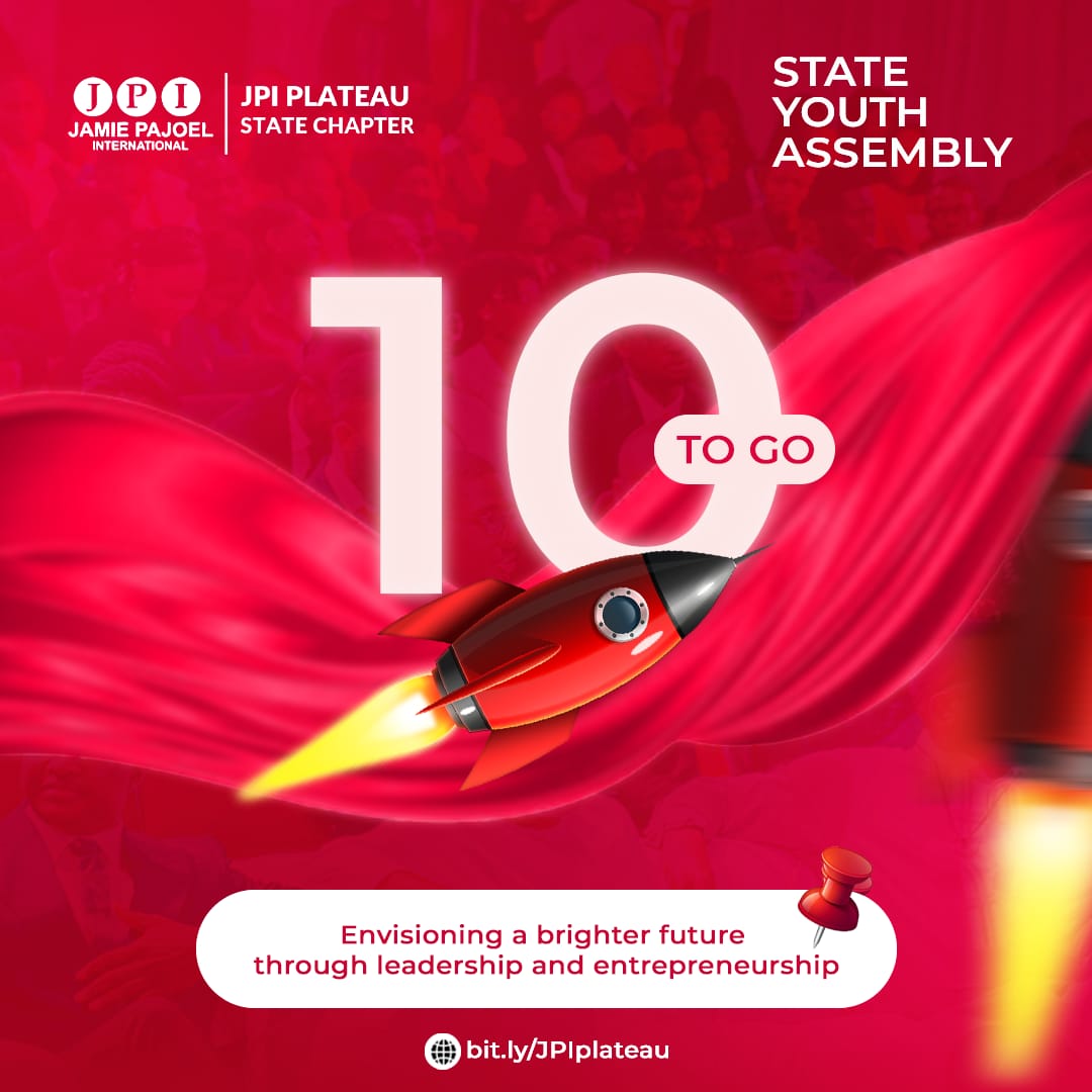 JPI_Plateau's tweet photo. It's 10 days to go for the JPI Plateau State Youth Assembly!💃🏽🎉

Are you ready!!!!!
- Empower your future with skills and knowledge.
- Learn from the best industry experts &amp; thought leaders. 
- Network, Collaborate and grow. 
Don't wait to be told what happened. 
See you there!! https://t.co/ep45QzN7Fs