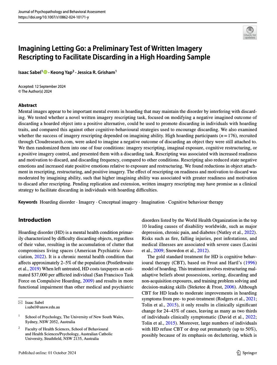 Happy to announce one of the studies from my PhD recently got published in JOPBA as an OA article 😁 Here, we piloted the use of written imagery rescripting to address discarding difficulties in a high hoarding sample. Read it here: rdcu.be/dVKAf