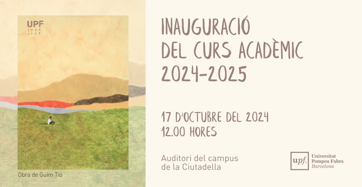 #AgendesAmunt

El 17 d'octubre celebrarem l'acte d’inauguració del curs acadèmic 2024-2025 de la #UPFBarcelona.

12.00 hores.
Auditori del Campus de la Ciutadella
Inscripcions 👉 tuit.cat/EbRoY