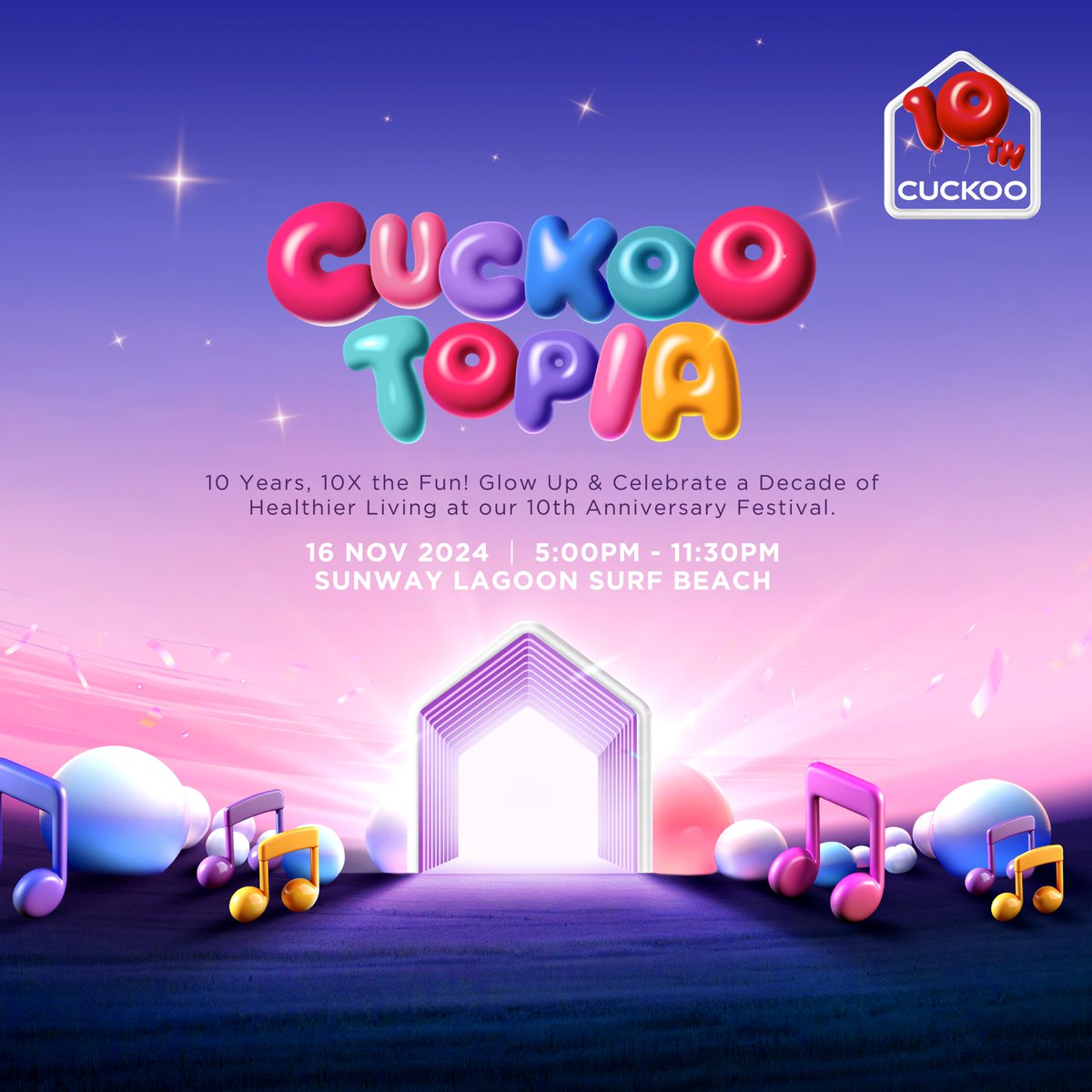 Get ready for an unforgettable experience at CUCKOOTOPIA Music Festival! 

Stay tuned for more surprises coming your way.

Get to know more at cuckoo.com.my/10th-anniversa…! 

#CUCKOO10thAnniversary
#CUCKOOTOPIA
#SAMASAMAHealthier