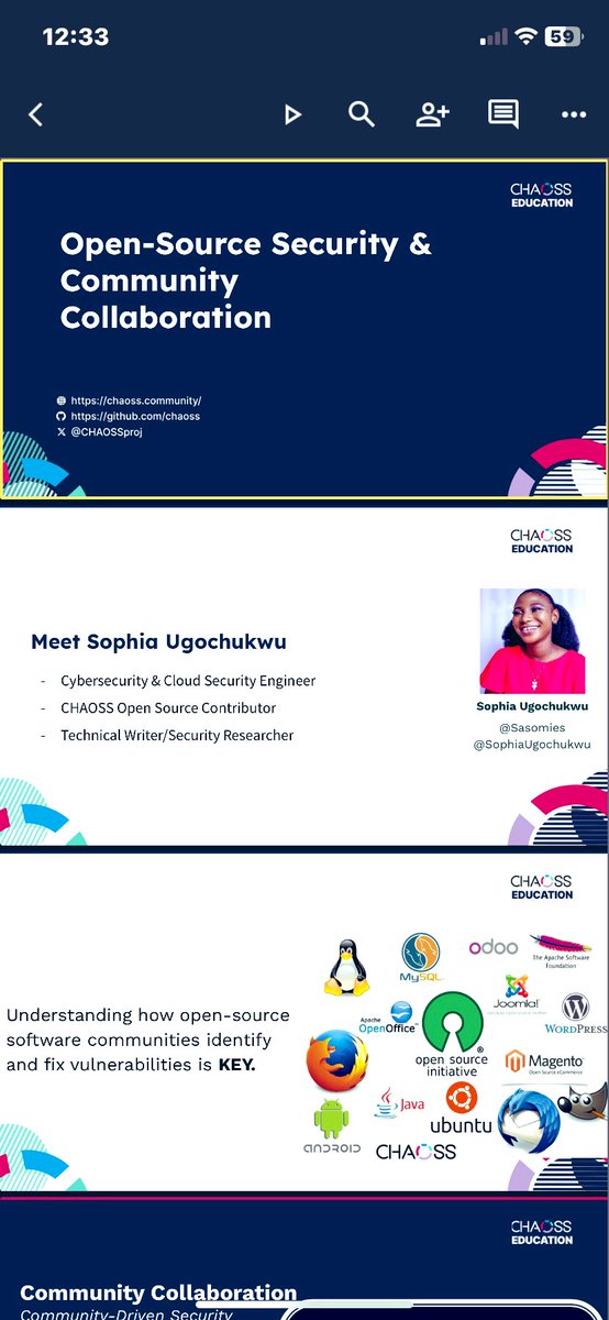 SophiaUgochukwu's tweet image. For #CybersecurityAwareness I decided to contribute in open-source Security education. Its of great Joy that I announce my participation in the @CHAOSSproj education project.
Thank You to @segoslavia @olamide941 @ko_ceeherself @Tones_x6 4 ur suport
#OpenSource #OpenSourceSecurity