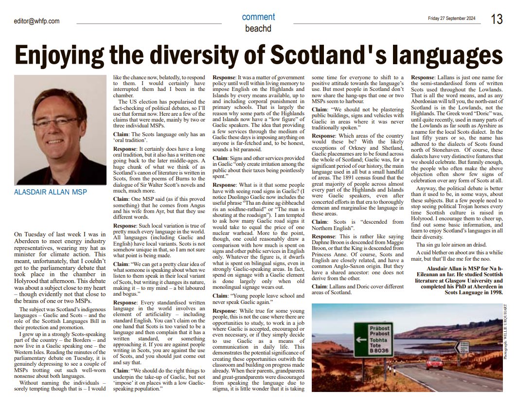 Frankly disgraceful that elected MSPs are so uneducated about Scotland's own languages that they trot out these tired old unevidenced canards in the chamber.

Well done Alasdair Allan MSP for correcting them all - but once again the labour of educating is placed on the shoulders