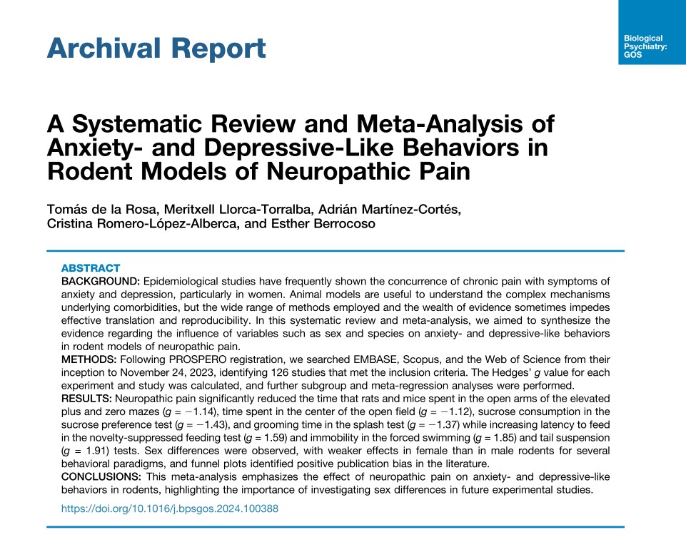 🚨 New paper out!   
👉A #systematicreview and #metaanalysis on the impact of neuropathic #pain models on anxiety- and depressive-like behaviors in rodents.
@CIBER_SAM <a href="/univcadiz/">Universidad de Cádiz</a> <a href="/INiBICA_IIS/">INiBICA</a>  
#OpenAccess  Read more here ⬇️
doi.org/10.1016/j.bpsg…