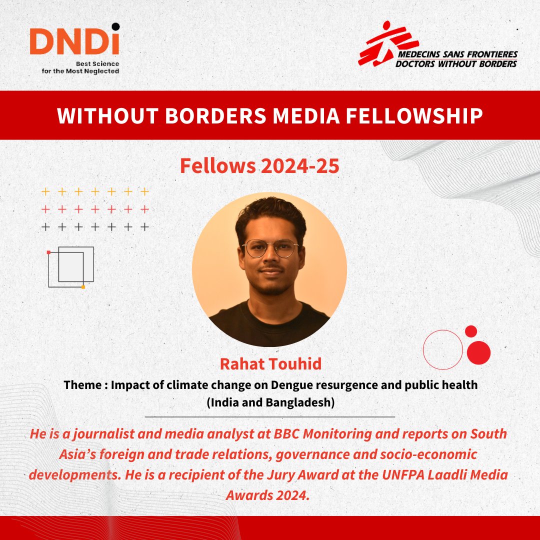 MSF_SouthAsia's tweet photo. 📢Introducing the talented #WithoutBordersMedia fellows for 2024-2025! 

1.  Archana Jyoti (@archie_dear)
2. Rahat Touhid (@touhid_rahat)
3. Mansi Vijay (@cinamann)
4. Maneshka Borham (@maneshkaborham)

This year, fellows had the opportunity to apply under two distinct grant categories:
✨ General Grant: Supporting in-depth reporting across four key themes. 

✨ MSF-@DNDi Grant: Focused on reporting about Neglected Tropical Diseases (NTDs) in collaboration with Drugs for Neglected Diseases Initiative. 

Swipe through to meet the fellows and explore the themes they’ll be covering during the #WithoutBordersMediaFellowship 2024-2025!

Learn more about the fellowship: https://t.co/XnGtBOEAfR