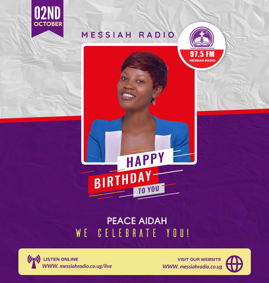 975messiahradio's tweet photo. DOUBLE BIRTHDAY CELEBRATION.
Happy Birthday, Peace Aidah & Joacknus!
Wishing Radio Messiah's Programs Director & talented journalist a day filled with joy, love, and celebration.
#DoubleBirthday
#PeaceAidahBiiraBuhaka
#JoacknusMwanamolho
https://t.co/CsT5Agw6NC https://t.co/1Obx65Gyv2
