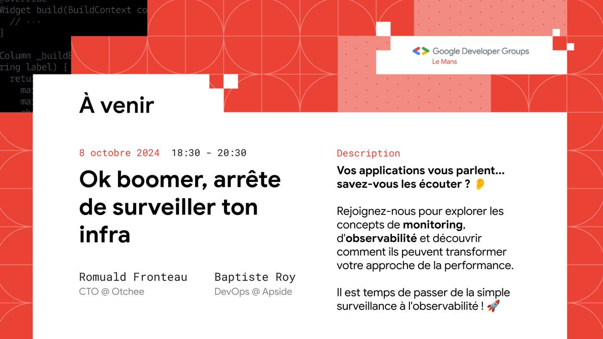 Vos applications vous parlent... savez-vous les écouter ? 👂

📢 Rendez-vous le 8 octobre 2024 à partir de 18h30 au <a href="/villageCALeMans/">Le Village by CA Le Mans</a> pour une conférence où vous découvrirez les concepts de monitoring et d'observabilité.

🎟️ Inscription gratuite : gdg.community.dev/events/details…