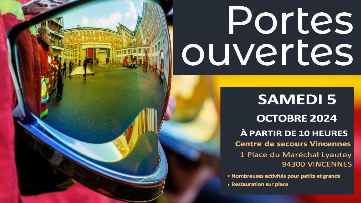 🚒 Venez découvrir le centre de secours !
🧑‍🚒 Journée portes ouvertes samedi 5 octobre 2024 de 10h à 17h.
Activités pour petits et grands avec les #pompiers, restauration.
📍 Centre de secours de #Vincennes 1 place du Maréchal Lyautey
ow.ly/bY7r50TcY6I #jpo #saintmande