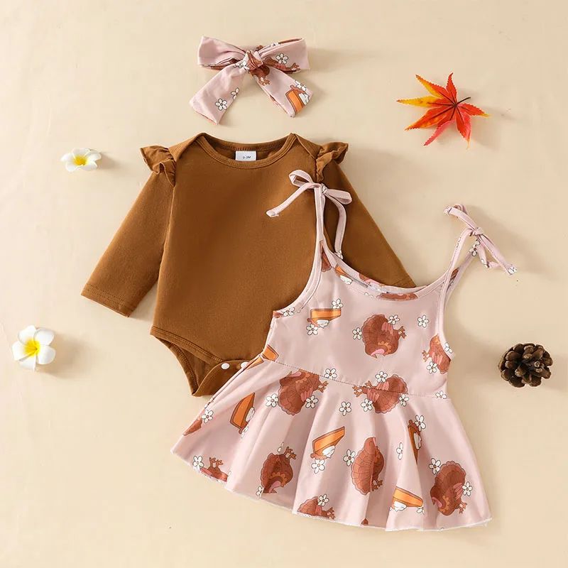 Long Sleeve Ruffled Romper Turkey Print Cami Dress Headband buff.ly/4eLqe2X