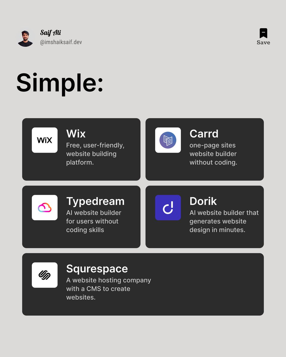imshaiksaif's tweet image. Web design without coding? Yes, it’s possible! 🚀 No-code tools like Wix, Webflow, and Shopify make building your dream site faster and easier. Ready to join the
#NoCodeRevolution? 💻 #WebDesignSimplified #TechForEveryon