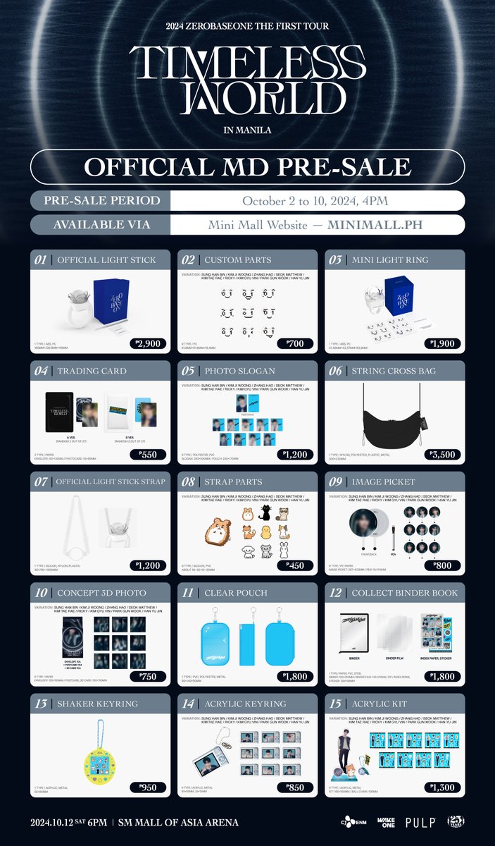 pulpliveworld's tweet photo. [PRE-SALE ANNOUNCEMENT] 

Pre-sale for the official ZEROBASEONE merchandise for the 2024 ZEROBASEONE THE FIRST TOUR [TIMELESS WORLD] IN MANILA is now open, ZEROSE! 😍🫶

We never stop, stop, stop resisting these goodies, order yours now! 🙌💙

Order Link: https://t.co/1BDvpQ4IuE
Pre-Sale Period: October 2, 4PM PHT to October 10, 2024, 12PM PHT

#ZEROBASEONE #ZB1 #제로베이스원 #ZEROBASEONETHEFIRSTTOUR #2024_ZEROBASEONE_THEFIRSTTOUR_TIMELESSWORLD_IN_MANILA #TIMELESSWORLD #ZEROBASEONEINMANILA #ZB1INMANILA