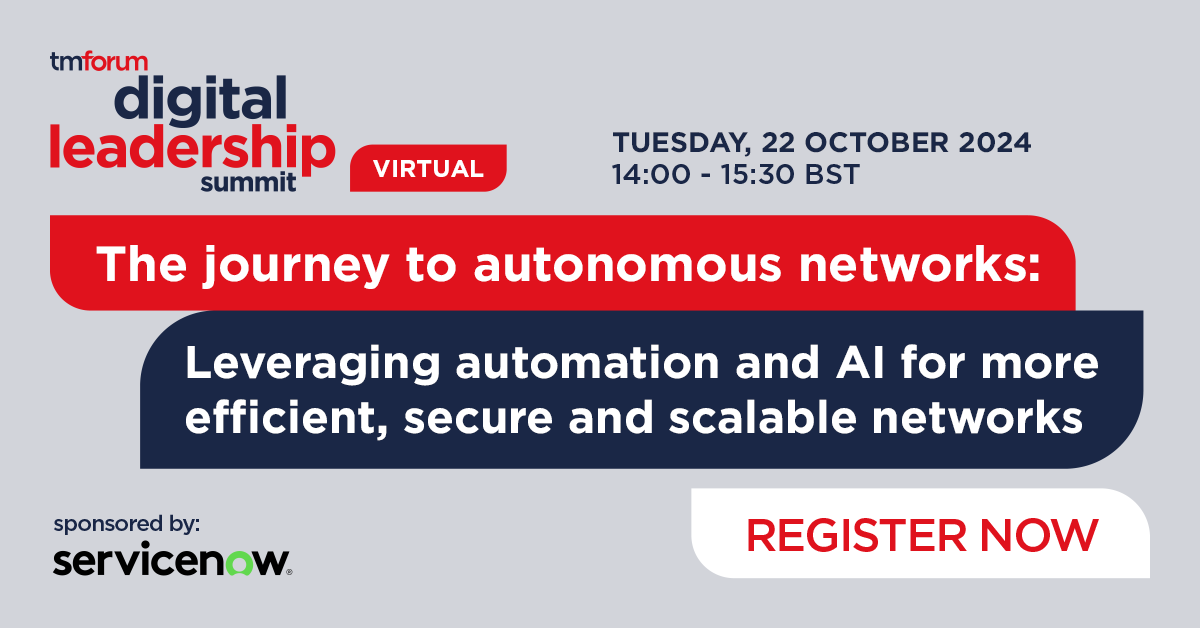 tmforumorg's tweet photo. You're invited to attend our next Virtual Digital Leadership Summit, sponsored by ServiceNow, on leveraging automation and #AI for more efficient, secure, and scalable networks.

Submit your interest in attending ➡️ https://t.co/n1yy5sYebF https://t.co/I0Uvnsr3Mv