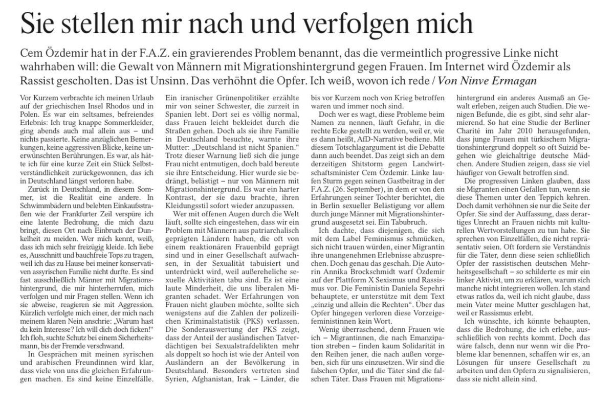 Ninve Ermagan (@ninveermagan) on Twitter photo Mein Kommentar zum Shitstorm gegen <a href="/cem_oezdemir/">Cem Özdemir</a>. Ich wollte diesen Text nicht schreiben, weil man sieht, dass Migrantinnen kaum Solidarität erfahren, weil sie die falschen Opfer - und die Täter die falschen Täter sind. zeitung.faz.net/faz/medien/202… Mein Kommentar zum Shitstorm gegen <a href="/cem_oezdemir/">Cem Özdemir</a>. Ich wollte diesen Text nicht schreiben, weil man sieht, dass Migrantinnen kaum Solidarität erfahren, weil sie die falschen Opfer - und die Täter die falschen Täter sind. zeitung.faz.net/faz/medien/202…