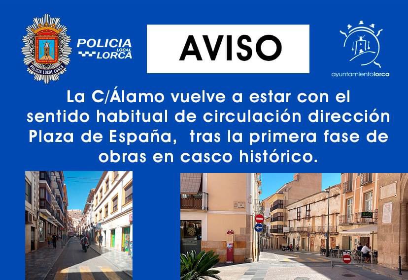 🚘La C/Álamo vuelve a estar con el sentido habitual de circulación dirección Plaza de España,  tras la primera fase de obras en casco histórico.

SOMOS TU POLICÍA 🔵⚪️🔵
☎️0️⃣9️⃣2️⃣
