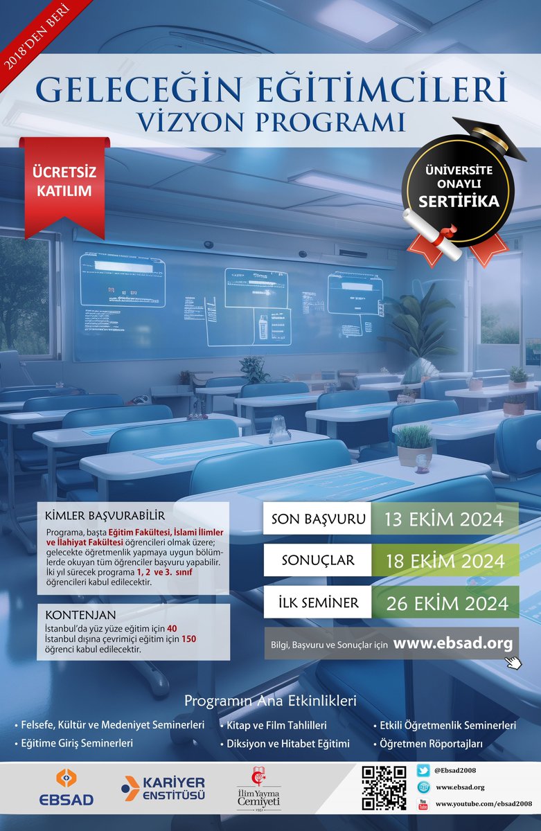📢 | GELECEĞİN ÖĞRETMENLERİNE
ÜCRETSİZ VE ÜNİVERSİTE SERTİFİKALI EĞİTİM PROGRAMI!

Detaylı bilgi ve başvuru için:
ebsad.org/gelecegin_egit…