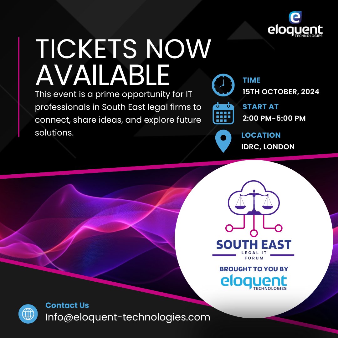 🎉 Exciting Announcement! 🎉

The South East Legal IT Forum, chaired by Stephen Ward, is set to take place at the IDRC in Central London on the 15th of October! This event promises an enriching day with an agenda full of must-attend sessions and opportunities for networking.