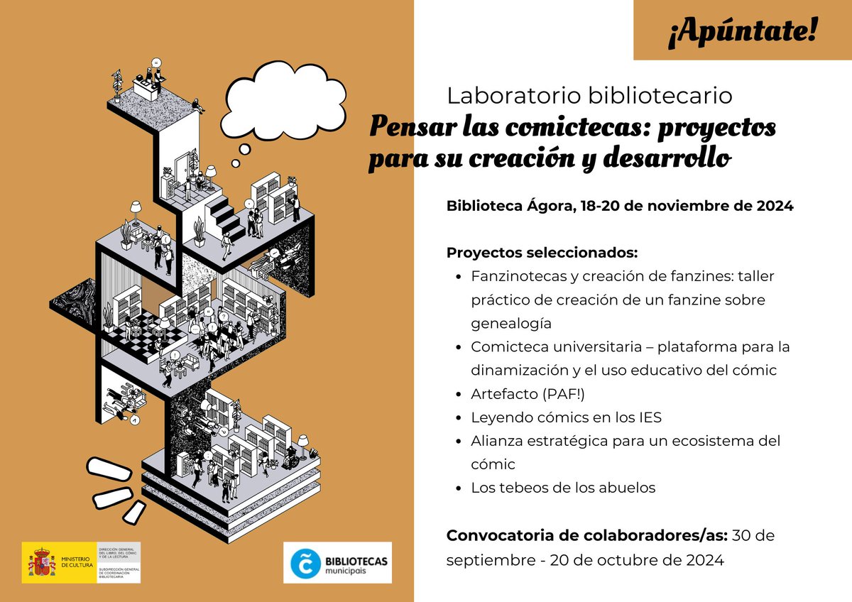 🆕 Se han seleccionado 6 proyectos de los más de 30 presentados al Laboratorio de #Comictecas que celebramos en noviembre en <a href="/bibcoruna/">Bibliotecas Coruña</a> 🗯️. 
¿Queréis venir? Apuntaros como Colaboradores al proyecto que más os interese. Hasta el 20/10 👇
labsbibliotecarios.es/laboratorio/pe…