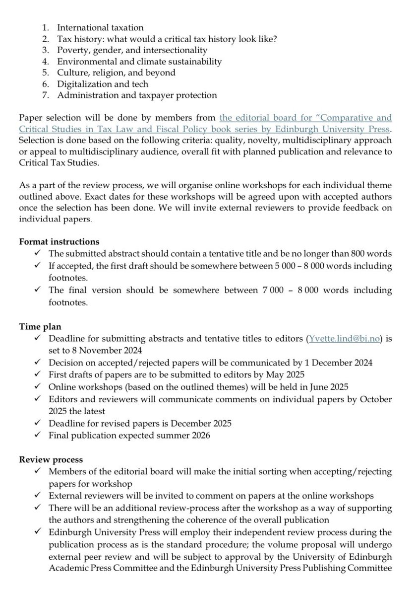 Yvette Lind (@yslind) on Twitter photo Call for papers for Research Handbook on Critical Tax Studies ๐ edited by myself and Dominic de Cogan and considered by <a href="/EdinburghUP/">Edinburgh University Press</a>
Deadline: 8 November for abstracts.
More info ๐ Call for papers for Research Handbook on Critical Tax Studies ๐ edited by myself and Dominic de Cogan and considered by <a href="/EdinburghUP/">Edinburgh University Press</a>
Deadline: 8 November for abstracts.
More info ๐
