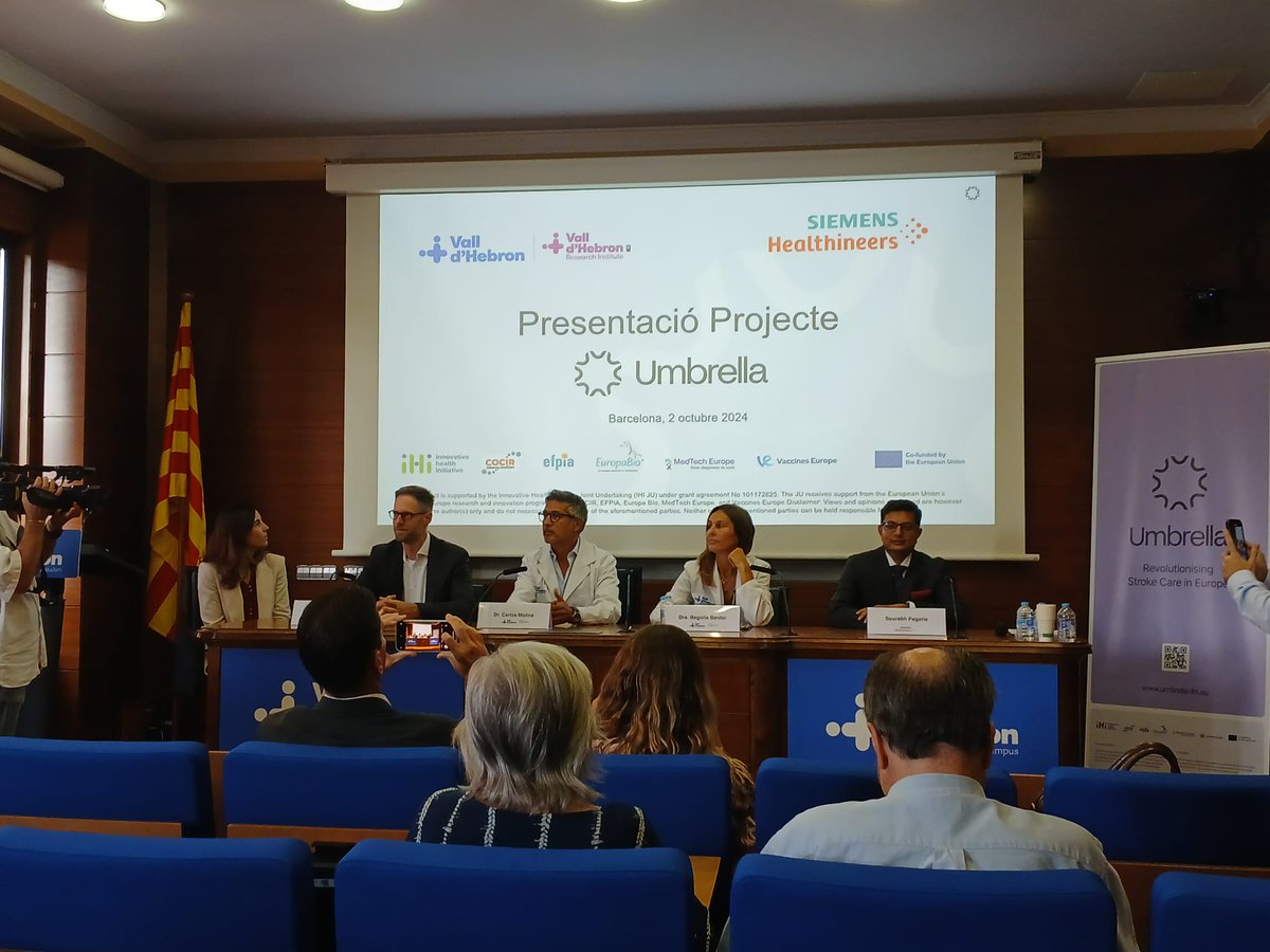 Avui estem presentant en roda de premsa la posada en marxa del consorci <a href="/UMBRELLA_IHI/">UMBRELLA</a>, coliderat per <a href="/vallhebron/">Vall d'Hebron</a> i <a href="/SiemensHealthES/">Siemens Healthineers</a>. L'objectiu del projecte és millorar el diagnòstic, prevenció i atenció de l'#ictus mitjançant la intel·ligència artificial i tecnologies digitals.