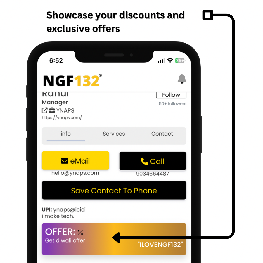 With ngf132 smart business card you can easily attract customers showcasing your special discounts and offer.

#ngf132 #smartbusinesscard #customerattraction #discounts #offers
#smartbusiness #digitalbusinesscard #customerattraction