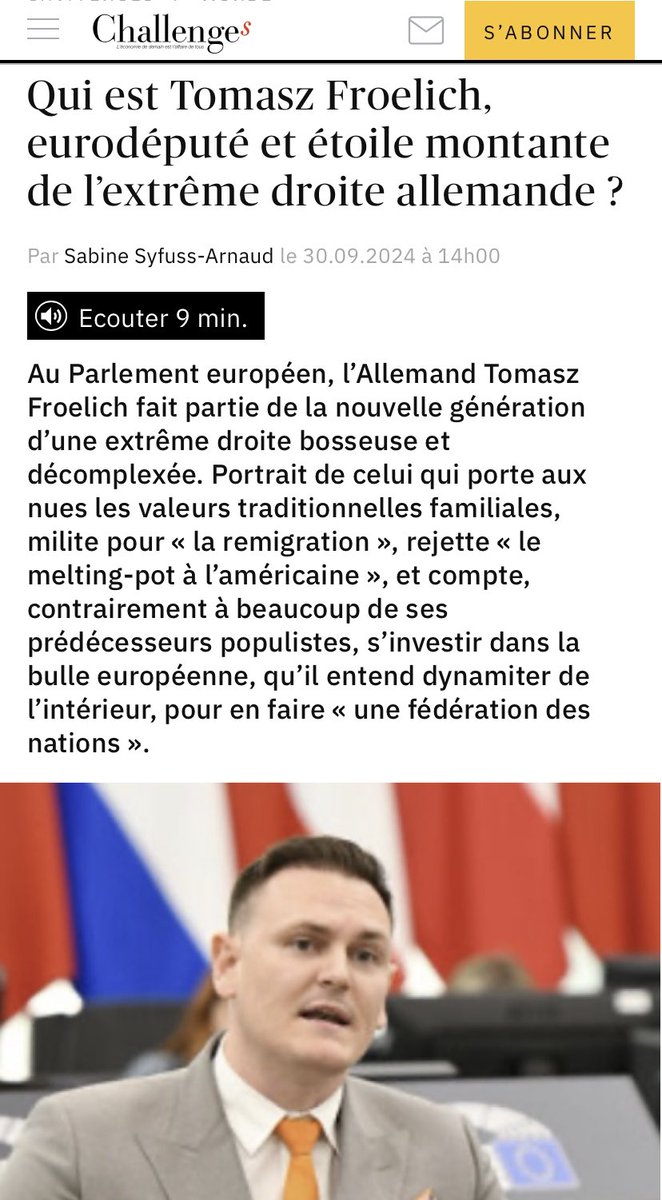 „Wer ist <a href="/TomaszFroelich/">Tomasz Froelich</a>, Europaabgeordneter und aufsteigender Star der deutschen Rechtsaußen?“

Interessantes und faires Portrait von mir im französischen Mainstreammedium <a href="/Challenges/">Challenges</a>. Ein paar Ausschnitte:
 
Der Deutsche Tomasz Froelich gehört im Europäischen Parlament zur