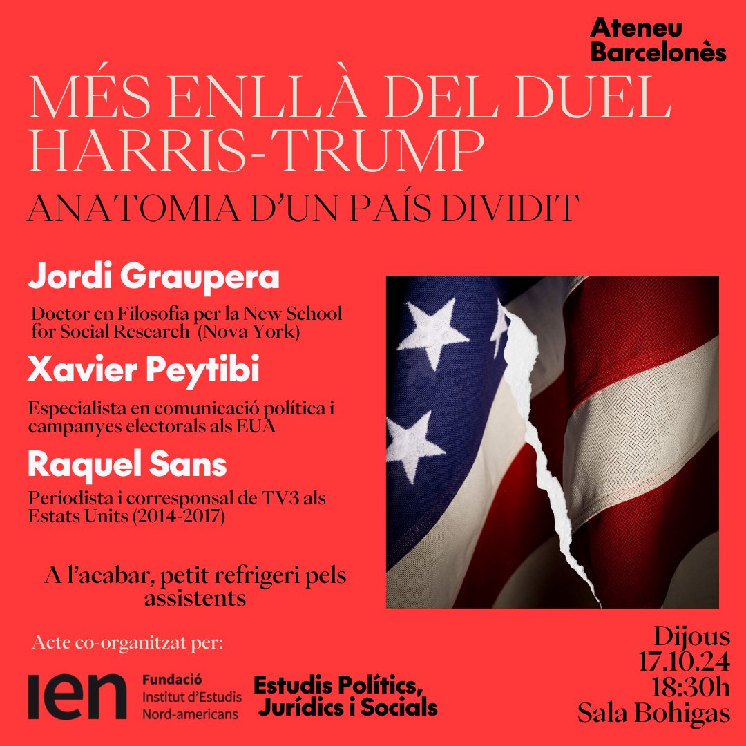 🔊Acte d'inici de curs amb l'<a href="/IENBarcelona/">FundacioIEN</a>

🇺🇸Anatomia d'un país dividit amb <a href="/JordiGraupera/">Jordi Graupera</a> , <a href="/xpeytibi/">Xavier Peytibi</a> i <a href="/RaquelSansDuran/">Raquel Sans Duran</a> 

⌛️17 d’octubre a les 18:30 h
📍Sala Oriol Bohigas, @ateneubcn 

🥂A l'acabar, petit refrigeri pels assistents! 
Inscripcions: Bit.ly/3BnoQ8s