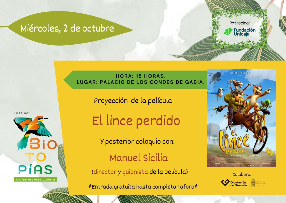 Hoy tenemos día de cine!🎥

A las 18:00 horas en el Palacio de los Condes de Gabia podremos disfrutar de "El lince perdido"🐈

Posterioremente, Manuel Sicilia <a href="/MSiciliaM/">Manuel Sicilia</a>, el director y guionista, estará con nosotros para explicarnos sus entresijos 🎞️📼

Gracias a <a href="/FundUnicaja/">Fundación Unicaja</a> ✨