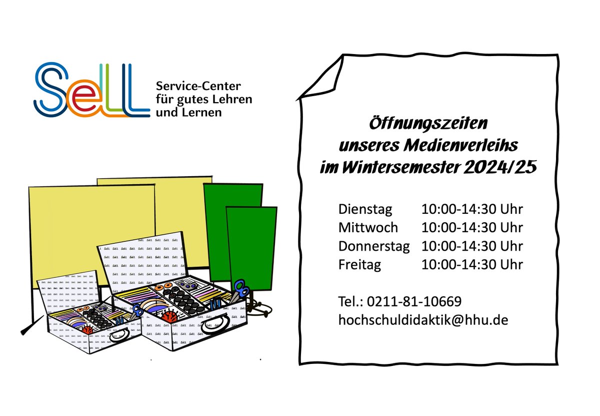 SeLL_hhu's tweet image. Auch im Wintersemester 2024/25 stehen wir euch mit hochschuldidaktischen Materialien zur Verfügung! 📝 Ab dem 07.10. hat unser Service-Büro in 24.21.01.84 @hhu_de zu folgenden Zeiten geöffnet: Di, Mi, Do & Fr je von 10:00-14:30 Uhr. Weitere Infos hier: t1p.de/9t8ac