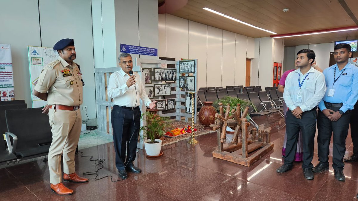aaiagtairport's tweet photo. Remembering #Mahatma on his 155th Birth Anniversary. There is a deep laden Vision in it to spread his Views about valuing the hard-earned treasure called Freedom! Sh. Kiran Kumar IPS, SP (West), along with Airport Director has lighted the lamp on the occasion. #GandhiJayanthi https://t.co/8BUy9UyUfI