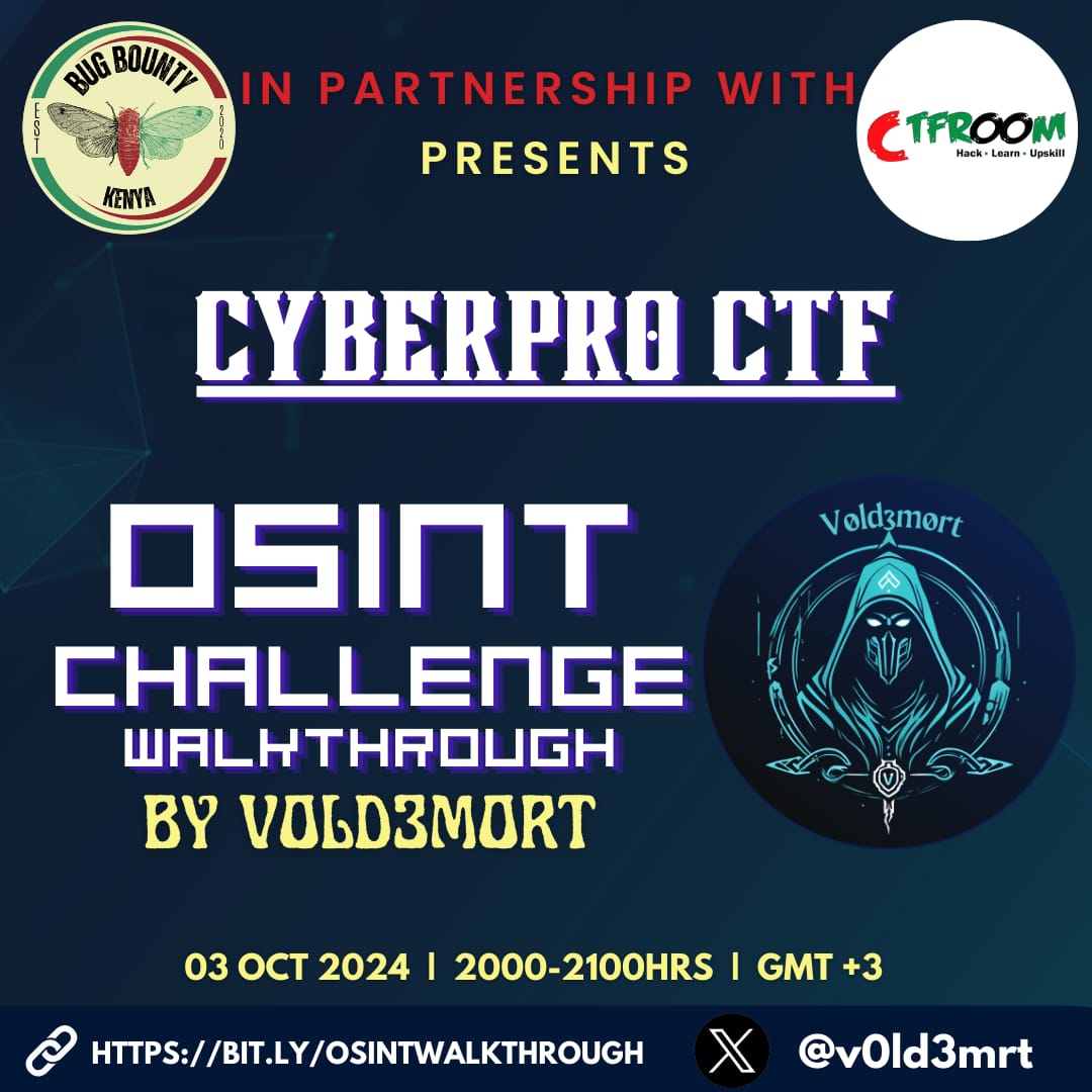 Ever wondered how to solve OSINT challenges during CTF's? Well join us tomorrow; in partnership with <a href="/ke_bug_bounty/">BugBountyKE</a> : as <a href="/V0ld3mrt/">V0ld3m0rt</a> takes us through his challenge that was part of the just concluded Cyber Pro CTF. 
bit.ly/OSINTWALKTHROU…