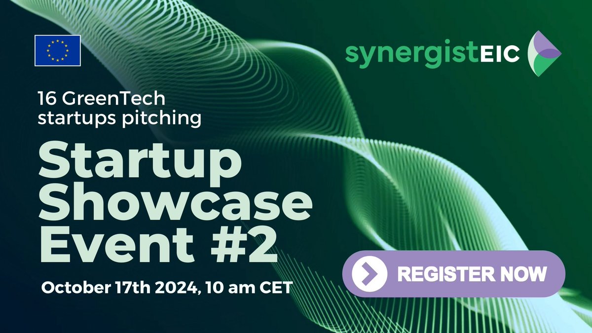 Join us for our Startup Showcase Event! 

📅 Date: 17th October, 10am CET
👉 Register here: f6s.com/synergisteic-s…
🎤 Featuring: 16 #GreenTech startups from our 2nd Open Call

<a href="/EUeic/">European Innovation Council</a> <a href="/EUgreenresearch/">EU green research</a> <a href="/HorizonEU/">Horizon Europe 🇪🇺</a>