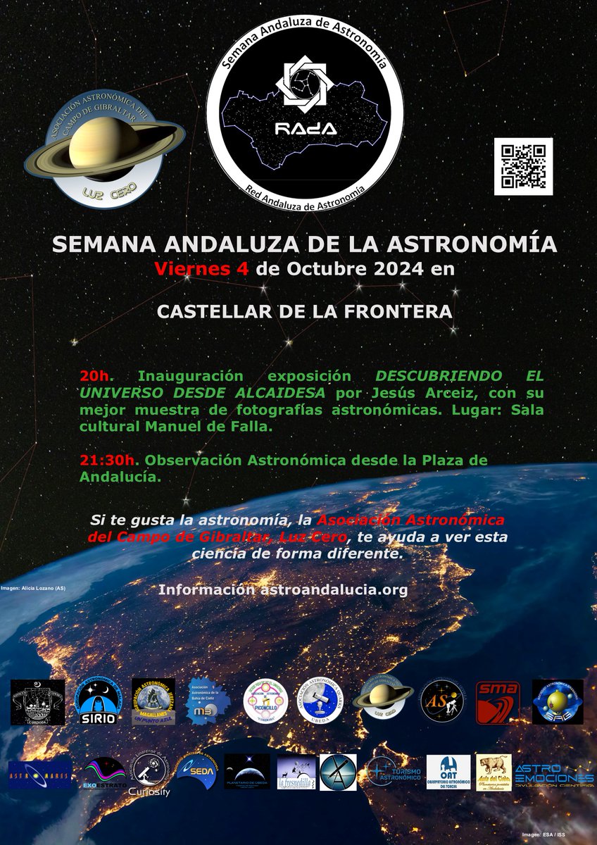 LuzCeroAstro's tweet photo. El viernes 4 de octubre de 2024, coincidiendo con la II Semana Andaluza de Astronomía, tendremos dos actividades en Castellar de la Frontera (Castellar Nuevo): - 20h: Inauguración exposición astrofotografía por Jesús Arceiz. - 21:30: Observación astronómica desde la plaza. https://t.co/dlKlY3QT6y