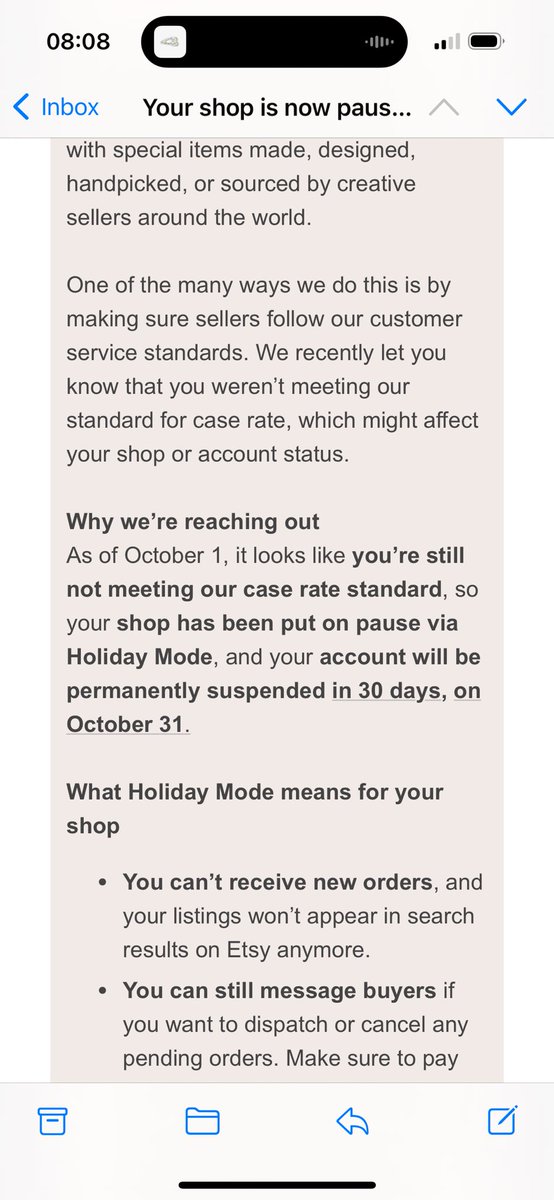cctliuy's tweet photo. @Etsy  hi I was made emailed that my shop had been suspended bc it didn’t meet case rate standard”. But I have 2 and I never have the chance to respond before it is closed by Etsy. My dispatch and average review rating exceeds the  service standard too. Please help https://t.co/gst0IVf9rP
