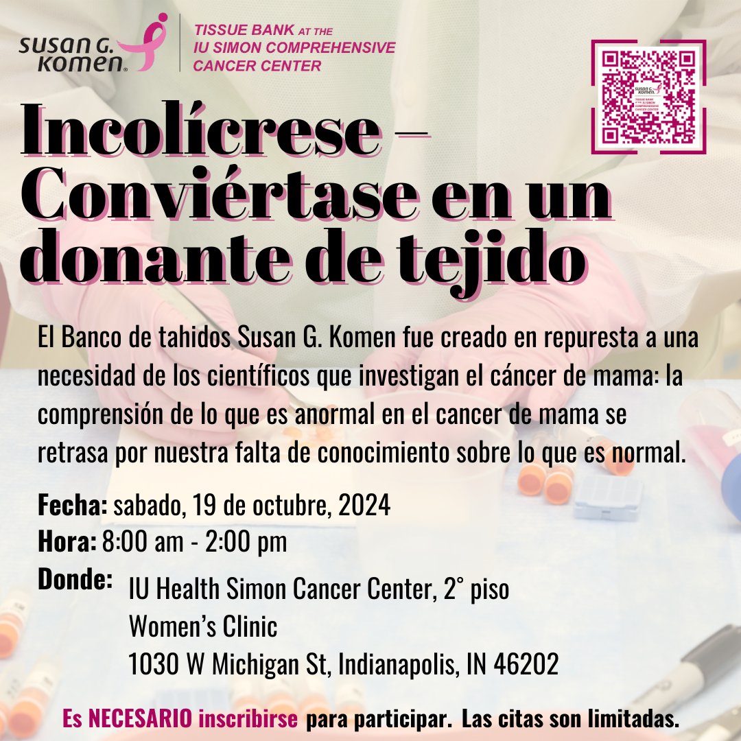 Komen Tissue Bank (@komentissuebank) on Twitter photo Puede ayudar si considera donar su tejido mamario sano al Komen Tissue Bank en nuestro próximo evento de recolección octubre 19, 2024. Puede registrarse para donar aquí cancer.iu.edu/ktb/donate/reg…. Además, queremos saber de usted. Háganos sus preguntas aquí komentb@iu.edu. Puede ayudar si considera donar su tejido mamario sano al Komen Tissue Bank en nuestro próximo evento de recolección octubre 19, 2024. Puede registrarse para donar aquí cancer.iu.edu/ktb/donate/reg…. Además, queremos saber de usted. Háganos sus preguntas aquí komentb@iu.edu.