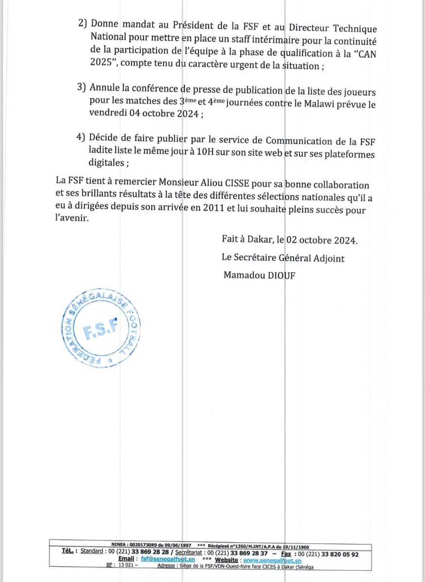 Lesportifs_'s tweet image. Communiqué de la @Fsfofficielle sur le non renouvellement du contrat d'Aliou Cissé.

#FootLocalSN