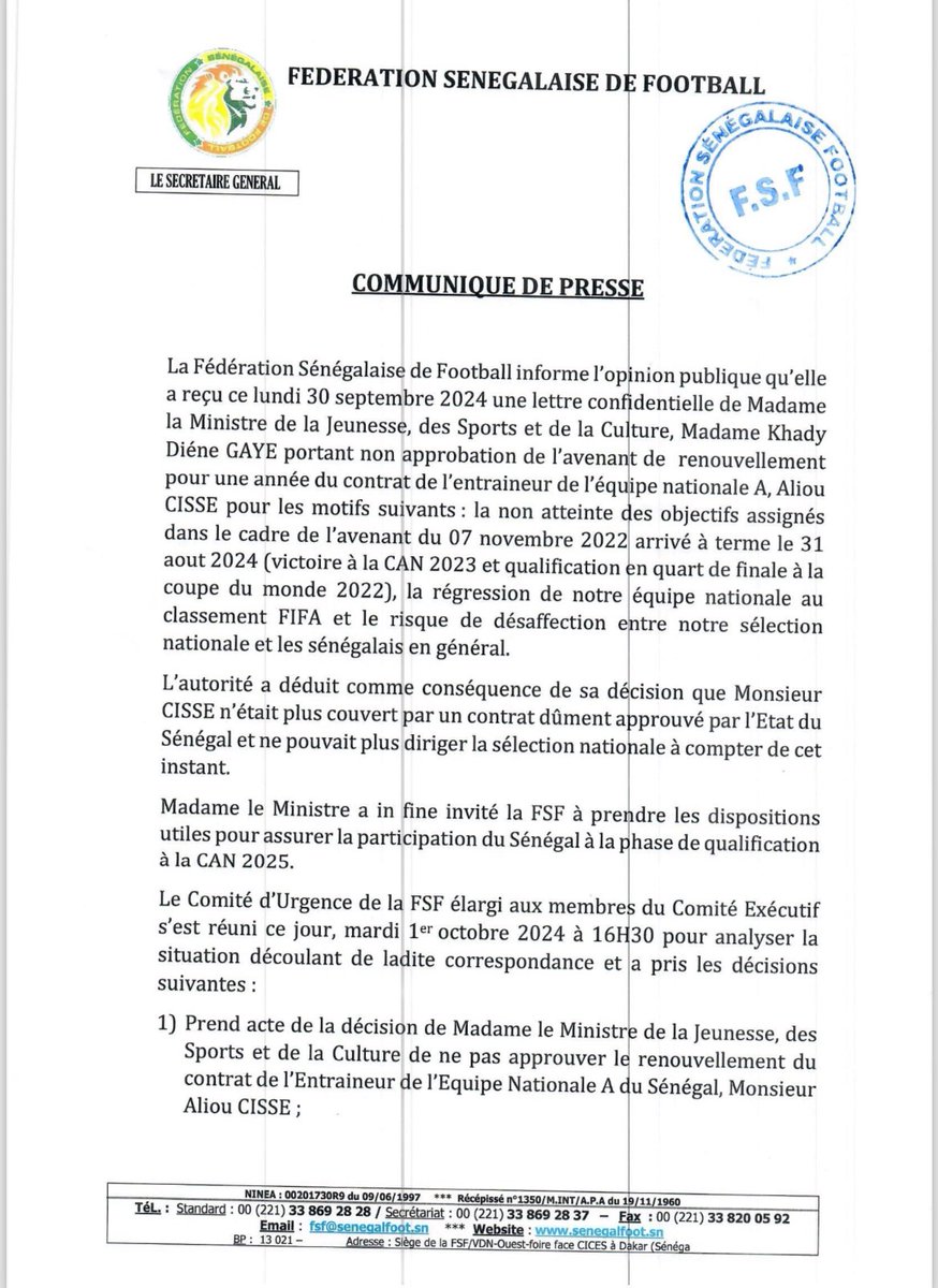 Lesportifs_'s tweet image. Communiqué de la @Fsfofficielle sur le non renouvellement du contrat d'Aliou Cissé.

#FootLocalSN