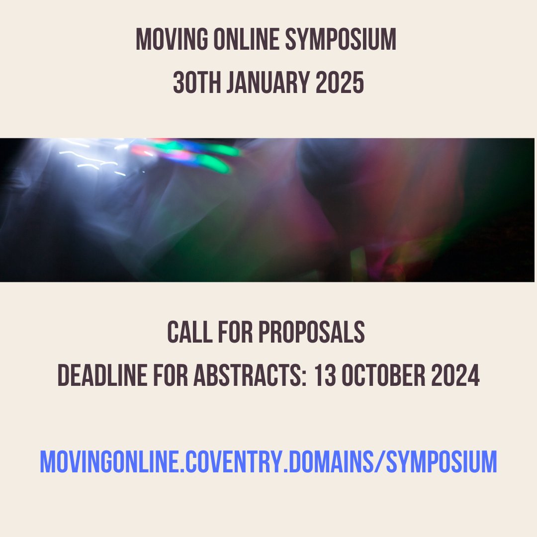 The Moving Online Symposium are accepting proposals on themes such as:
Ownership disputes and resolutions
Appropriation, copying and/or commodification
Materiality, (post) ephemerality and/or ontology
Dance challenges, reworking or reenactment
movingonline.coventry.domains/symposium/