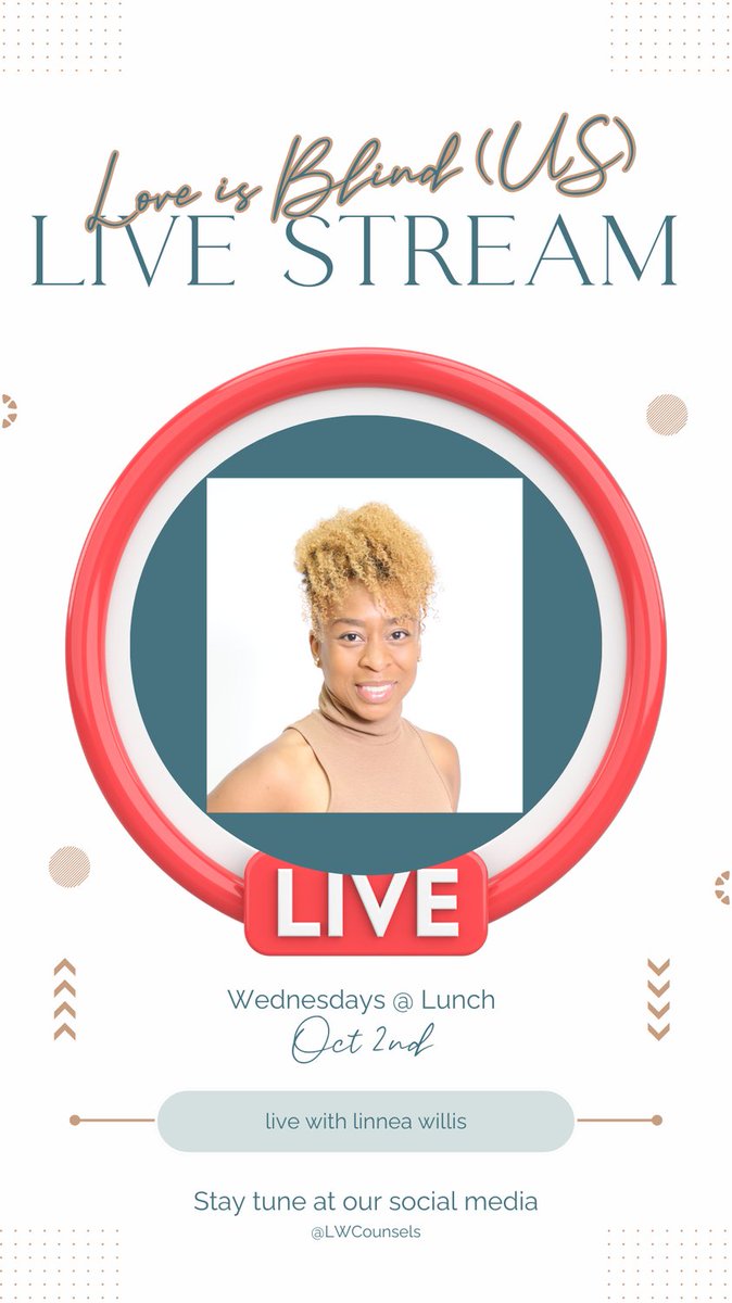 LWCounsels's tweet photo. Love is Blind is back! All new people are looking for love behind a wall to determine if Love is Blind.

Every Wednesday, I unpack an episode, and this coming Monday, we will have an additional livestream (because I know you binge these shows).

See you there! https://t.co/ElFRweuL1m