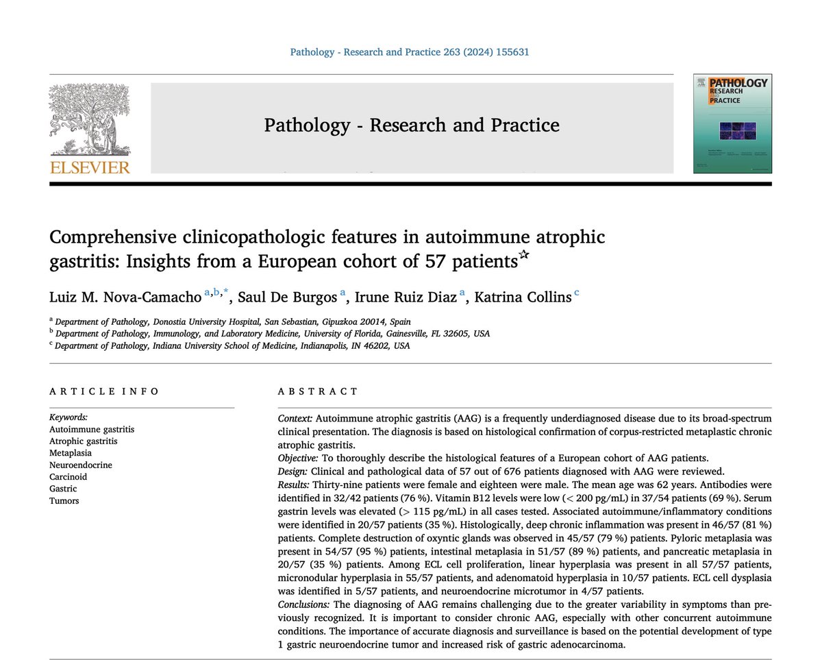 🚨 #publicationalert #gipath 
Together with <a href="/LuizMiguelN/">Luiz M. Nova-Camacho, MD</a>, we evaluated the histological features of autoimmune atrophic gastritis in a European cohort, often under diagnosed due to its broad clinical presentation.