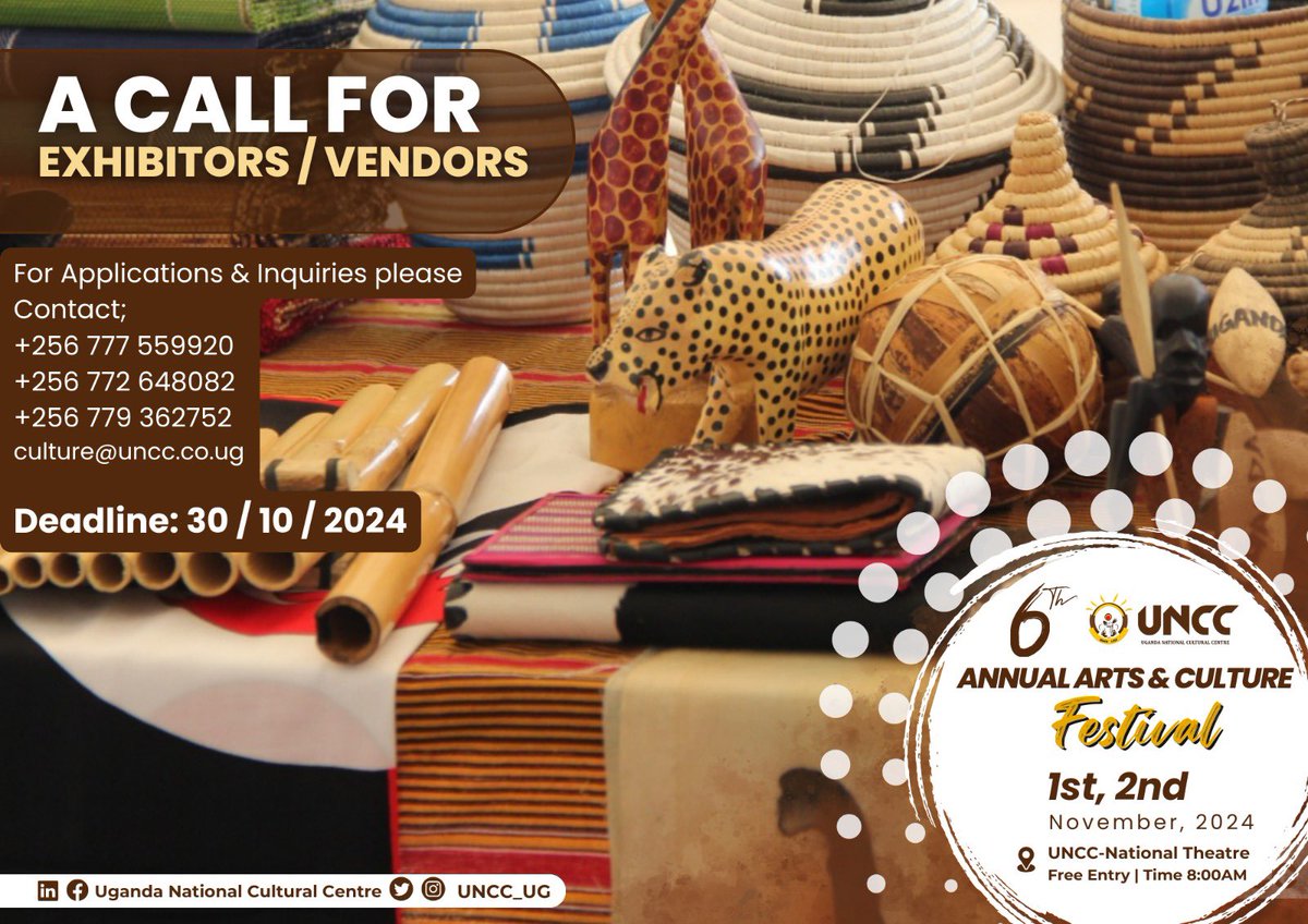 UNCC_UG's tweet photo. #OPEN_CALL
Be part of the #UNCCFest2024 by Showcasing your craft, art & cultural innovations to a number of attendees.
Register now & secure your spot! https://t.co/S8oyIm1rE8