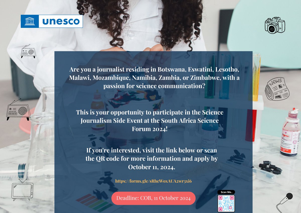 Do you have a passion for science communication? 

This is your chance to be part of the Science Journalism Side Event at the South Africa Science Forum 2024! 📷

Visit the link below or scan the QR code for more details and apply by October 11, 2024. 

forms.gle/2YCMbum9jppa2G…