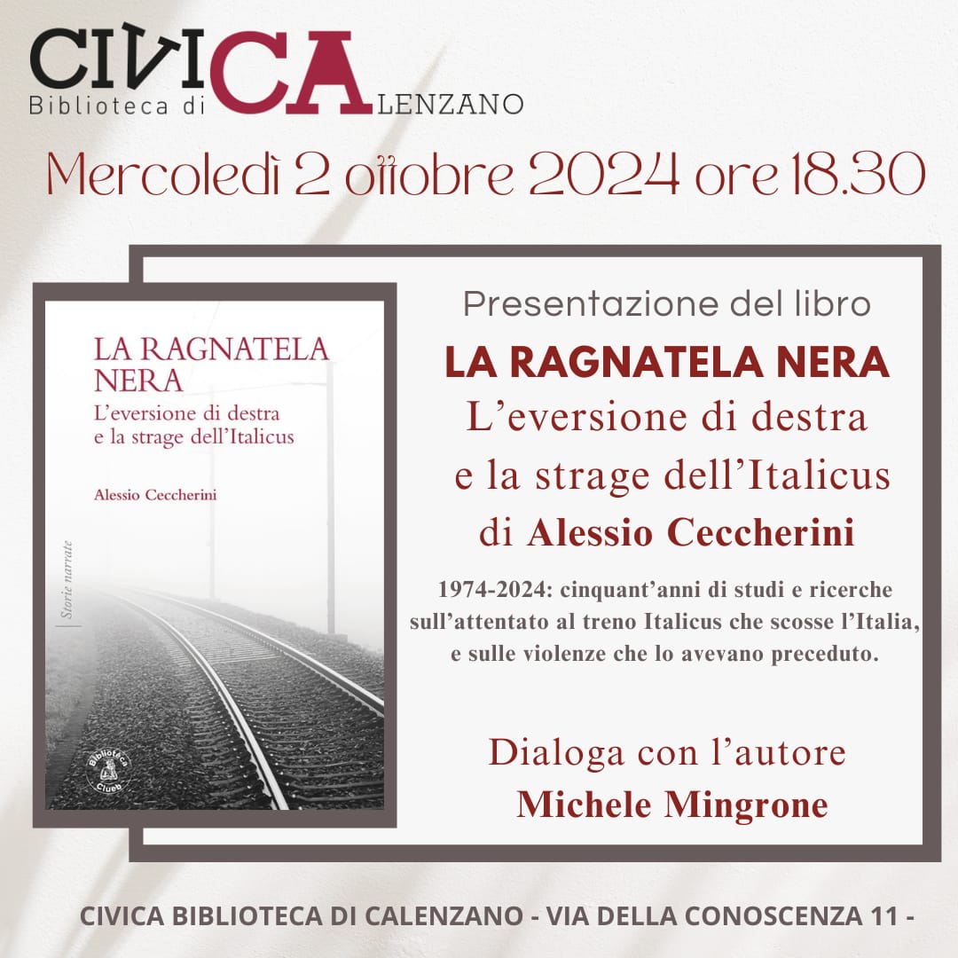 LewkDigital's tweet photo. Presentazione del libro “La Ragnatela Nera” di Alessio Ceccherini il 2 ottobre 2024 a Calenzano: 50 anni di studi sulla strage dell’Italicus. Ingresso libero.

Maggiori info su https://t.co/yNdIvI9a9l

#SinnerAlcaraz #2ottobre #trenitalia #Firenze #TemptationIsland https://t.co/VU6Xq8pdwl