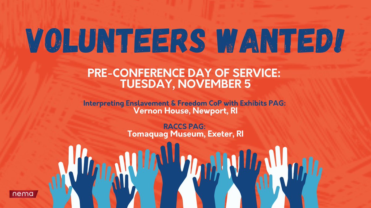 Join our pre-conference Day of Service on November 5 in Newport, RI! The RACCS PAG will gather at the Tomaquag Museum, while the Interpreting Enslavement and Freedom CoP and Exhibits PAG will be at the Vernon House. Find more information and sign up here: nemanet.org/page/day-of-se…