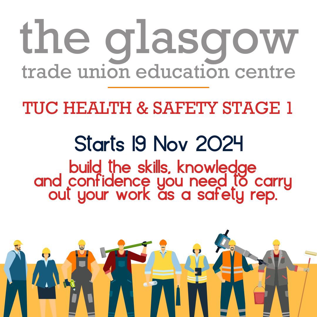 SaveglasgowTUed's tweet image. 🦺 Ready to become a health &amp;amp; safety hero at your workplace? Join our TUC Health &amp;amp; Safety Stage 1 course and gain the skills to protect your colleagues! Starts Nov 19, 2024

Sign-up here ➡️ tinyurl.com/GTU-HealthAndS…

Please RT ✊