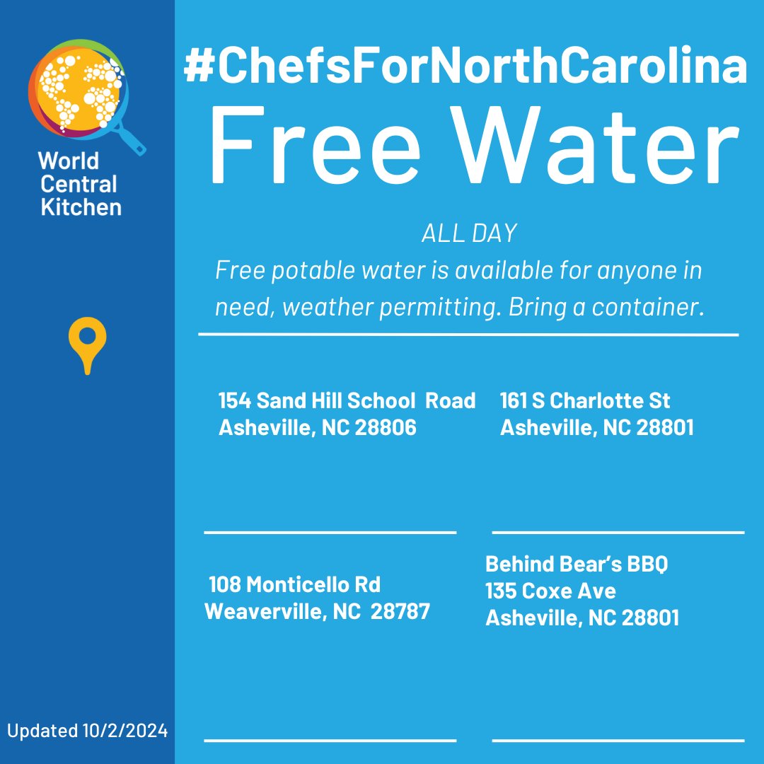 WCK will have free drinking water available today, October 2, at these locations in Western North Carolina for community members impacted by Hurricane Helene. Share with anyone in the area in need of support. #ChefsForNorthCarolina