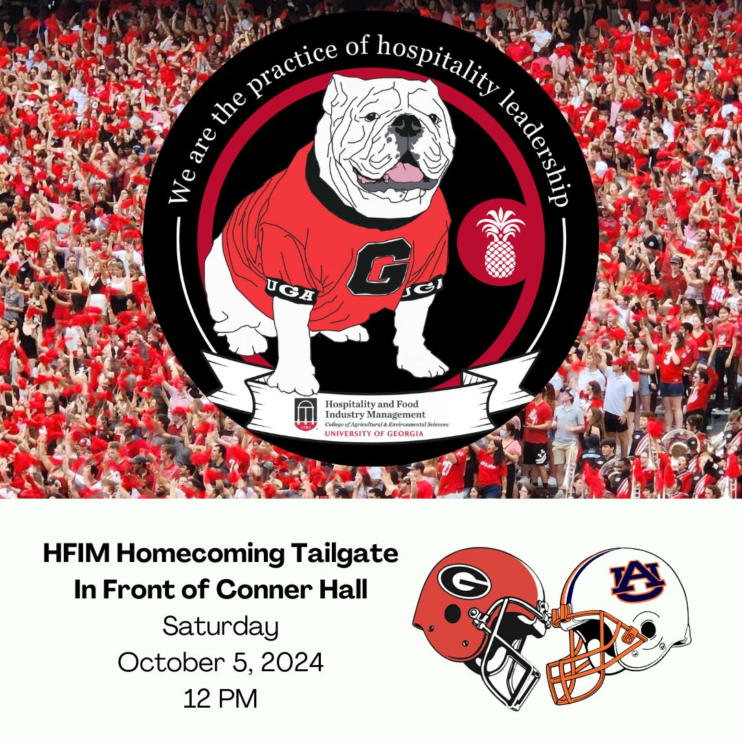 HfimUga's tweet image. Get ready, UGA HFIM students and alums! 🎉 Join us for a fun-filled tailgate party with food, friends, and football! 🏈

📅 October 5
🕒 12PM
📍 Conner Hall

Come dressed in your best red &amp;amp; black! 🐾 Let&apos;s make some game day memories. #UGAHospitality #GoDawgs #TailgateTime