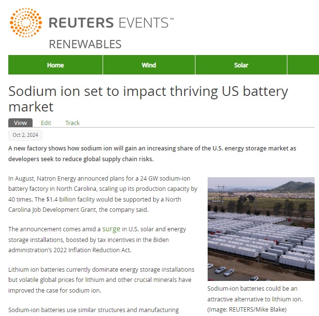 Sodium-ion batteries are set to join the U.S. clean tech boom- Read our analysis using this link--> reutersevents.com/renewables/sol…
Join us at Solar &amp; Storage USA 2024 - click here for details--> 1.reutersevents.com/LP=36753
<a href="/IEA/">International Energy Agency</a> <a href="/peakenergytech/">Peak Energy</a> <a href="/Lightsourcebp/">Lightsource bp</a>
#solar #energystorage
