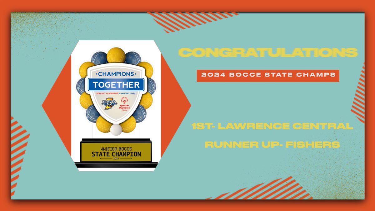 Unified Coaches Association of Indiana (@unifiedcoaches) on Twitter photo Congratulations to all the schools who participated in this year’s Bocce State Tournament. Extra Congrats to our State Runner Up Fishers and our State Champion Lawrence Central. <a href="/IHSAA1/">IHSAA</a> <a href="/ChampsTogether/">Champions Together</a> <a href="/SOIndiana/">Special Olympics Indiana</a> Congratulations to all the schools who participated in this year’s Bocce State Tournament. Extra Congrats to our State Runner Up Fishers and our State Champion Lawrence Central. <a href="/IHSAA1/">IHSAA</a> <a href="/ChampsTogether/">Champions Together</a> <a href="/SOIndiana/">Special Olympics Indiana</a>